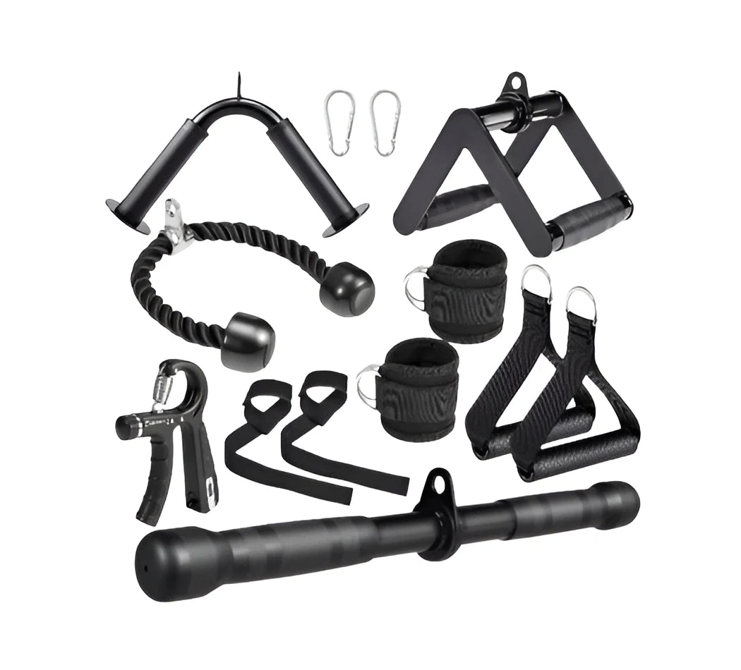 10-In-1 Cable Machine Attachments Set for Gym - Includes Tricep Rope, V-Bar, Straight Bar, D-Handle, Ankle/Wrist Straps, Storage Bag - Compatible with LAT Pulldown & Home Gym Cable Machines - Fitness Live
