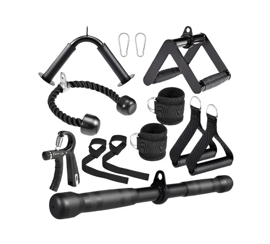 10-In-1 Cable Machine Attachments Set for Gym - Includes Tricep Rope, V-Bar, Straight Bar, D-Handle, Ankle/Wrist Straps, Storage Bag - Compatible with LAT Pulldown & Home Gym Cable Machines - Fitness Live