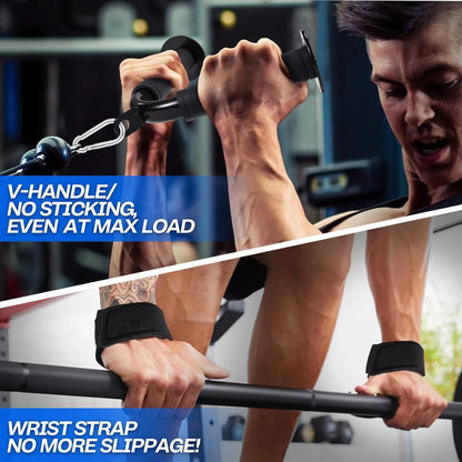 10-In-1 Cable Machine Attachments Set for Gym - Includes Tricep Rope, V-Bar, Straight Bar, D-Handle, Ankle/Wrist Straps, Storage Bag - Compatible with LAT Pulldown & Home Gym Cable Machines - Fitness Live