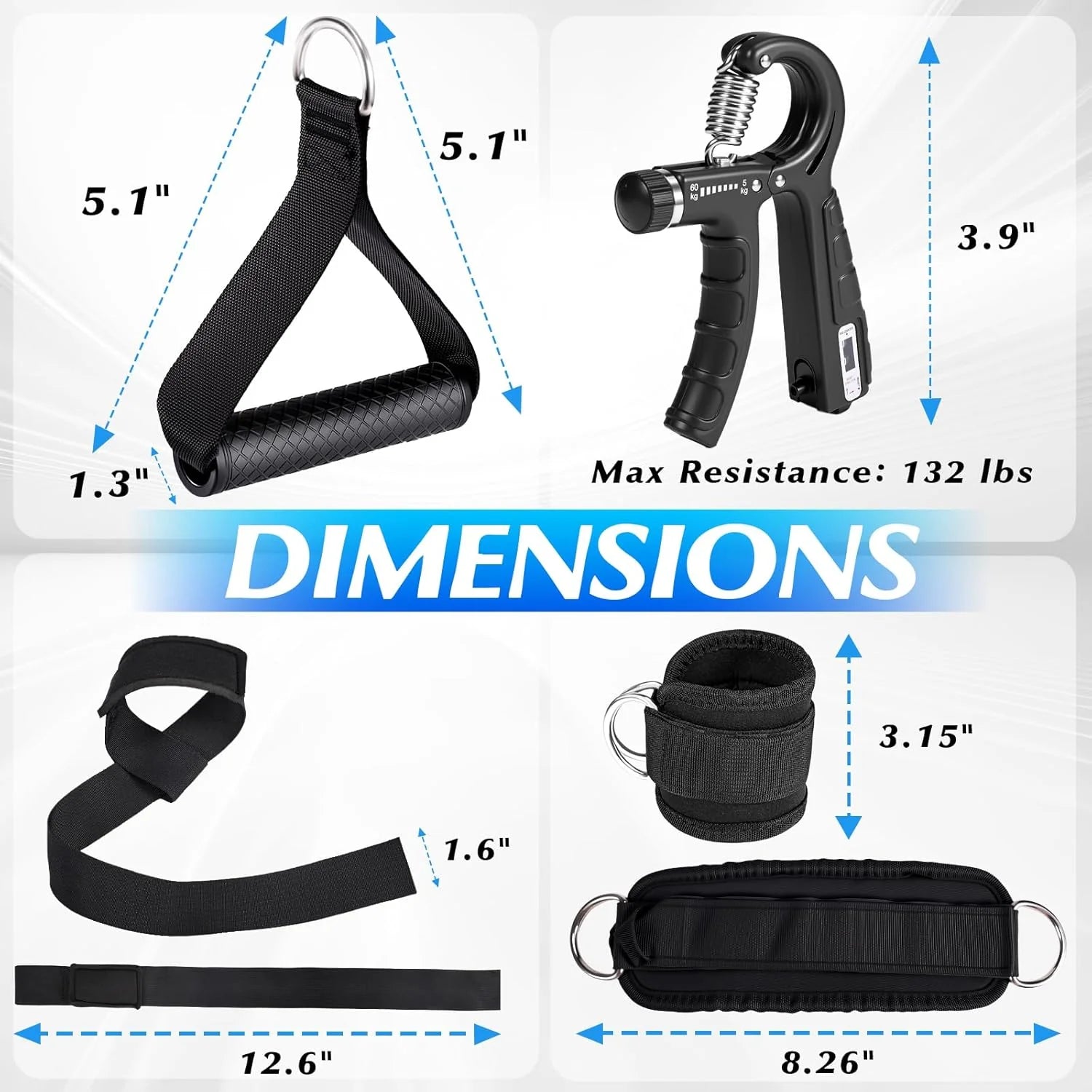 10-In-1 Cable Machine Attachments Set for Gym - Includes Tricep Rope, V-Bar, Straight Bar, D-Handle, Ankle/Wrist Straps, Storage Bag - Compatible with LAT Pulldown & Home Gym Cable Machines - Fitness Live