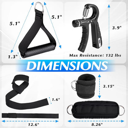 10-In-1 Cable Machine Attachments Set for Gym - Includes Tricep Rope, V-Bar, Straight Bar, D-Handle, Ankle/Wrist Straps, Storage Bag - Compatible with LAT Pulldown & Home Gym Cable Machines - Fitness Live
